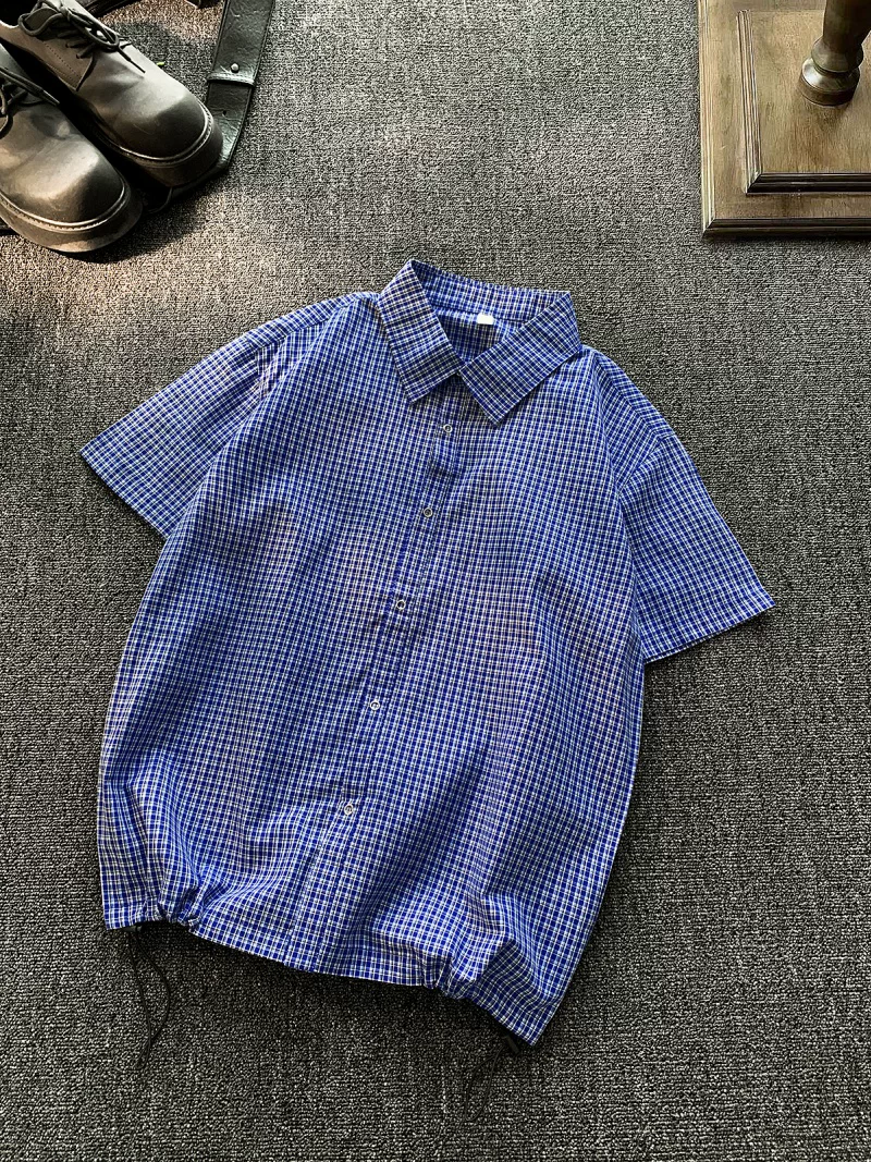 Áo sơ mi ngắn tay kẻ sọc kiểu Mỹ dành cho nam, áo mùa hè rộng rãi thoải mái đa năng, áo khoác sơ mi có ve áo phong cách thời thượng.