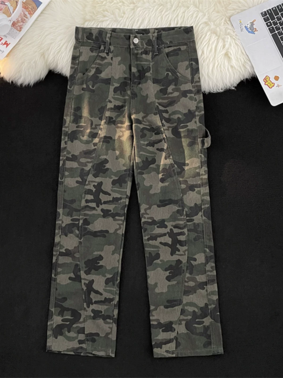 Quần jean rằn ri chắp vá dành cho nam, quần phong cách đường phố Mỹ, quần công sở ống đứng hợp thời trang mùa xuân thu.