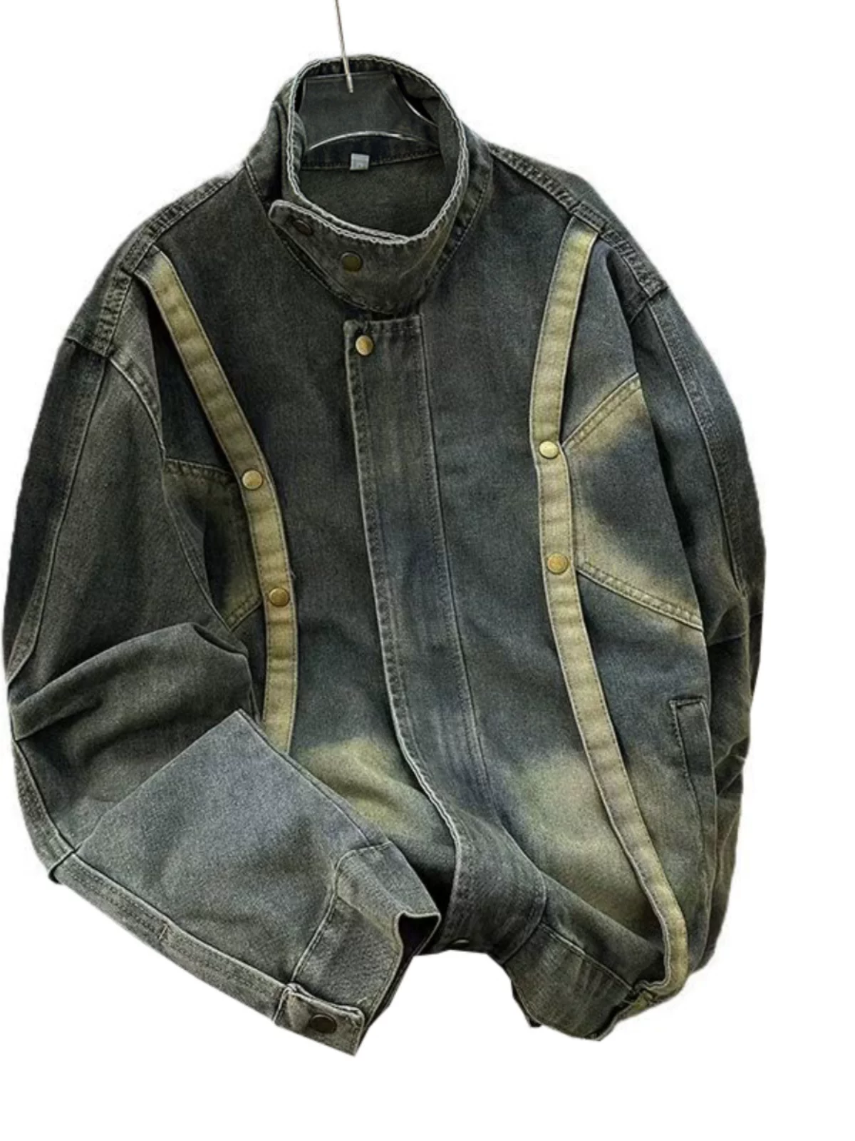 Áo khoác denim nam kiểu dáng phá cách, phong cách vintage Mỹ mùa xuân thu, áo khoác ngoài thương hiệu thời thượng, dáng rộng, cổ đứng.