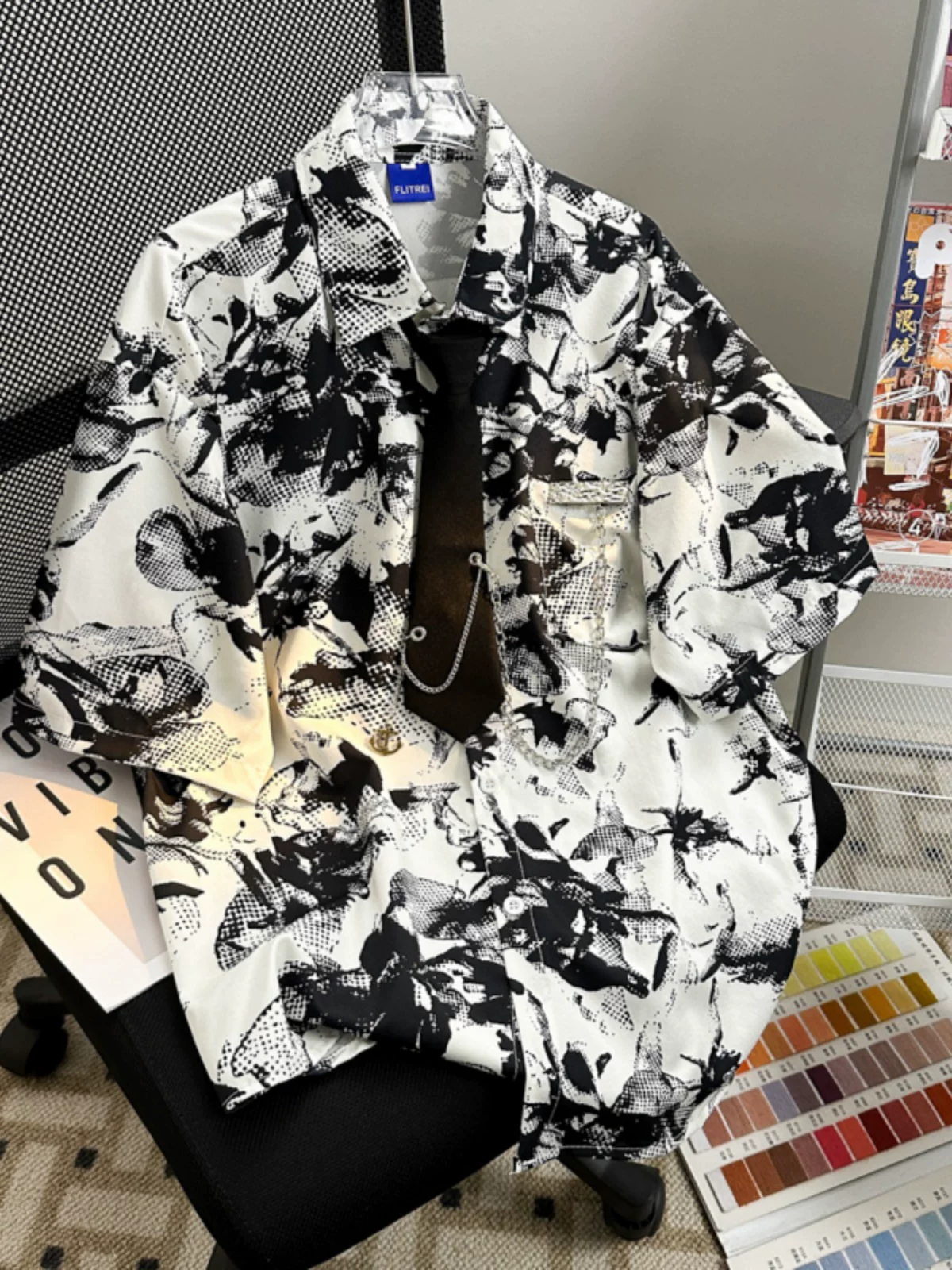 Áo sơ mi hoa ngắn tay nhuộm màu kiểu wash dành cho nam, dáng rộng, phong cách mát mẻ mùa hè, áo đôi, áo khoác mỏng nửa tay kiểu Mỹ thời thượng.