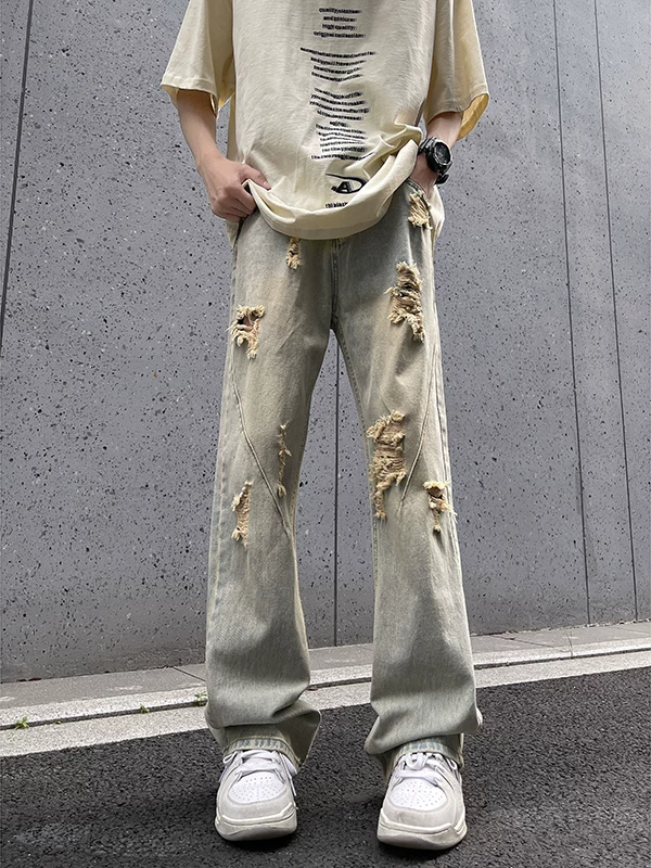 Quần jean nam màu vàng bùn, phong cách đường phố Mỹ, quần rách, dáng rộng mùa hè, thương hiệu thời thượng, quần dài hơi loe.