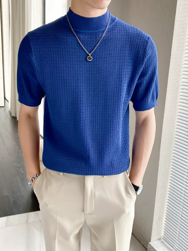 Áo thun ngắn tay lụa băng cao cấp, phong cách Hàn Quốc mùa hè, áo dệt kim nửa tay mát mẻ và sành điệu, áo thun cổ cao nửa cổ thời thượng BF dành cho nam.