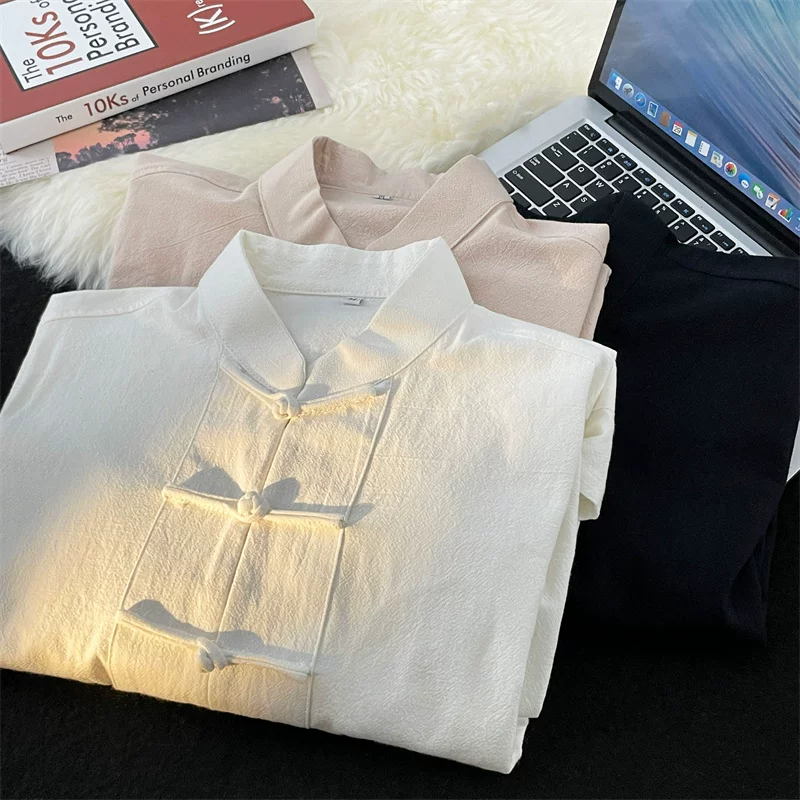 Áo sơ mi cài cúc kiểu Trung Quốc dành cho nam, tay dài, dáng rộng, áo sơ mi cổ đứng kiểu Trung Quốc mới, áo khoác kiểu Đường mỏng hợp thời trang mùa hè.