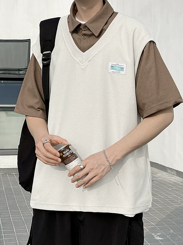 Áo polo kiểu waffle phong cách Mỹ dành cho nam, áo thun ngắn tay giả hai lớp thời trang mùa hè, áo nửa tay rộng rãi cho cặp đôi.
