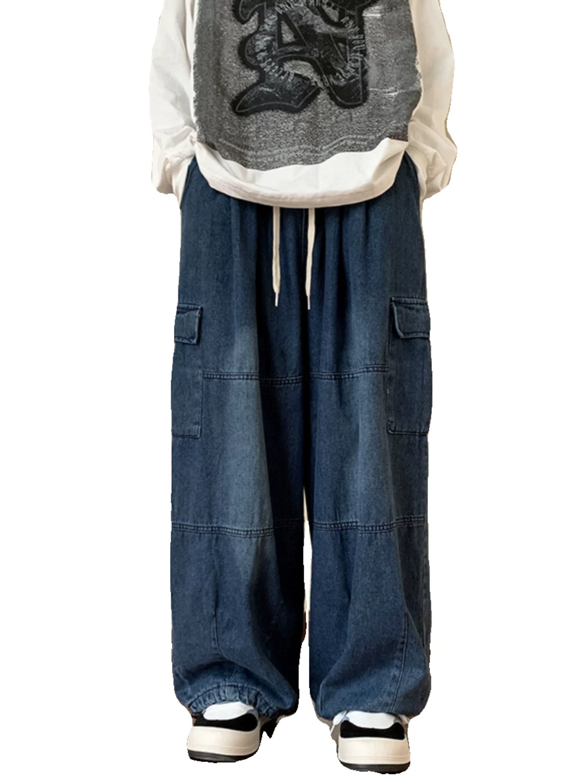 Quần jean denim nam mùa thu có dây rút, quần dài phong cách Mỹ, kiểu vintage, quần dài ống rộng thời trang hip-hop.
