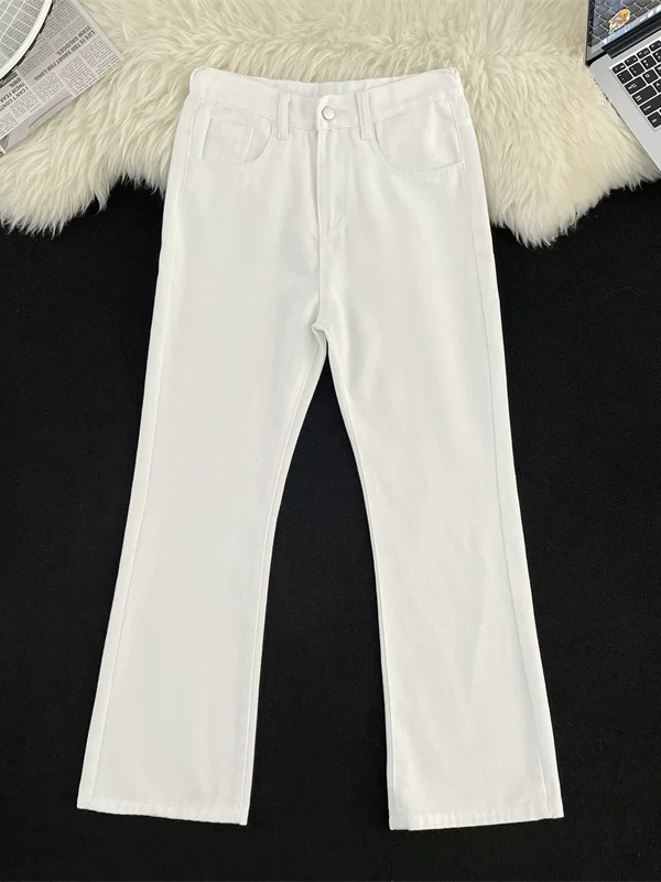 Quần jean ống loe bán co giãn dành cho nam, quần dài màu trắng hợp thời trang đa năng mùa hè, quần ống rộng thẳng phong cách Mỹ.