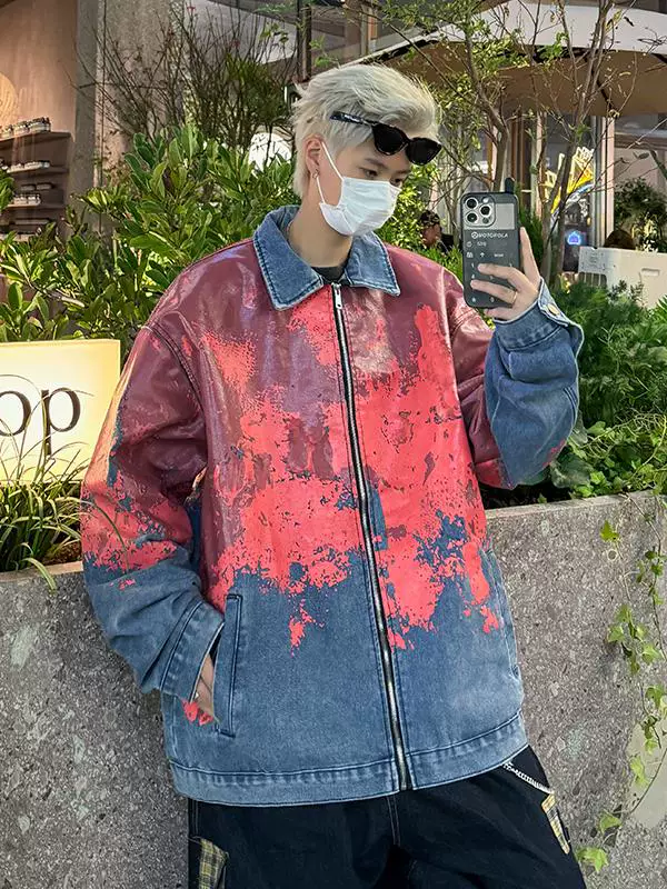 Áo khoác denim nhuộm tie-dye phong cách bụi bặm dành cho nam, kiểu dáng hoang dã Mỹ, thiết kế rộng rãi hợp thời trang cho mùa xuân và mùa thu.