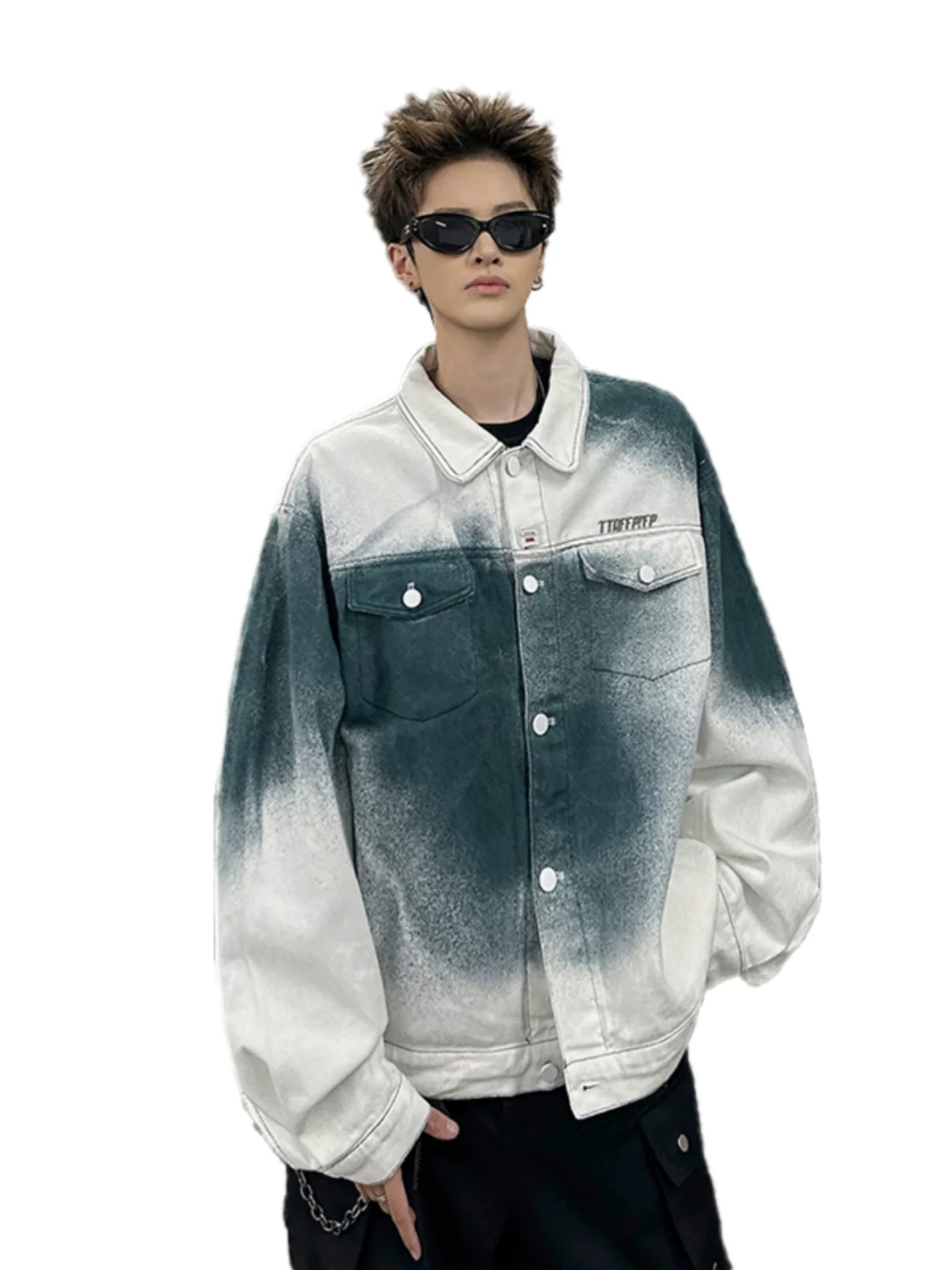 Áo khoác denim nhuộm màu gradient dành cho nam, thiết kế mang phong cách đường phố Mỹ, trang phục công sở hợp thời trang dáng rộng mùa xuân.