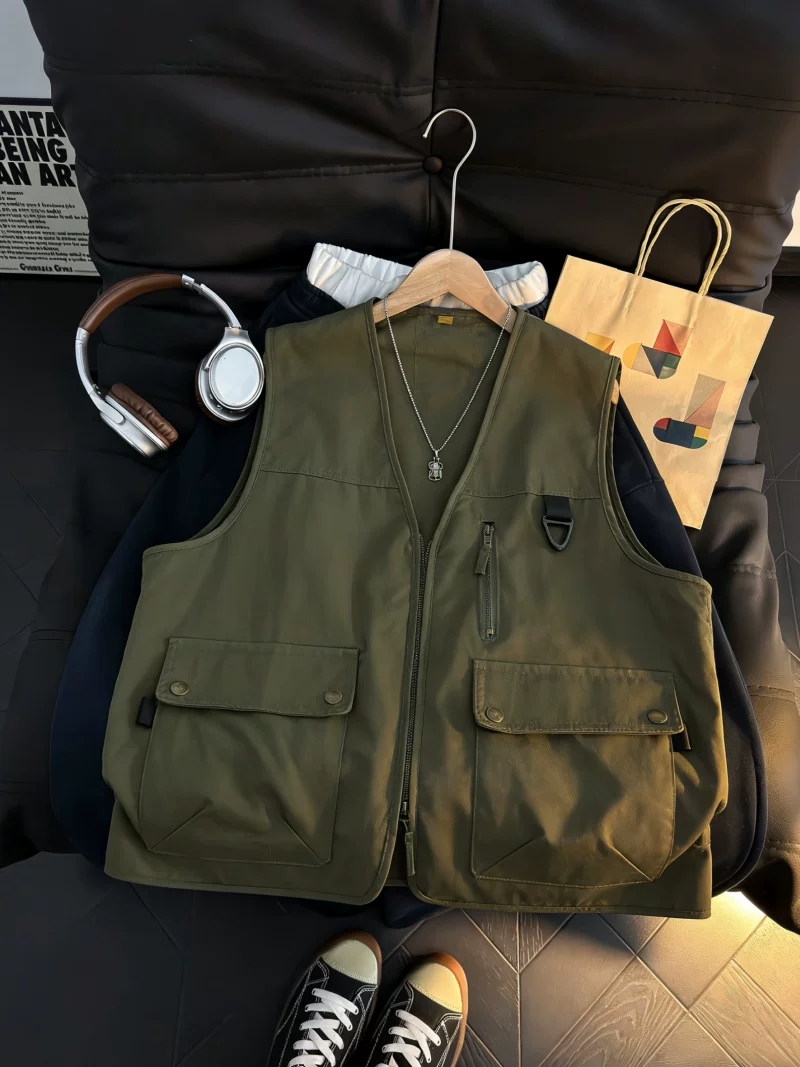 Áo vest công sở thiết kế nhiều túi dành cho nam, áo khoác có khóa kéo kiểu Mỹ mùa hè, áo khoác vest dáng rộng hợp thời trang.