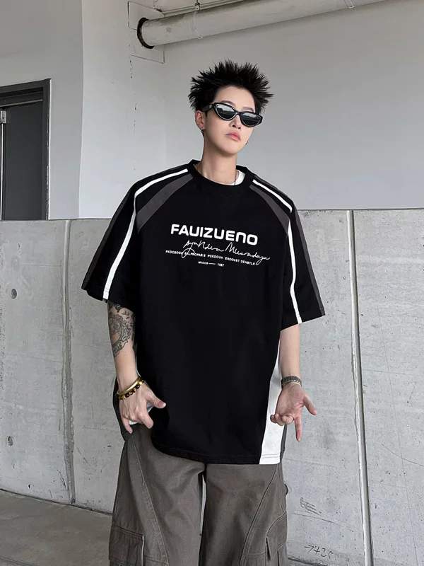 Áo thun ngắn tay phối màu cho nam, phong cách đường phố Mỹ, áo nửa tay cổ tròn cá tính, áo thun phong cách biker thời thượng.