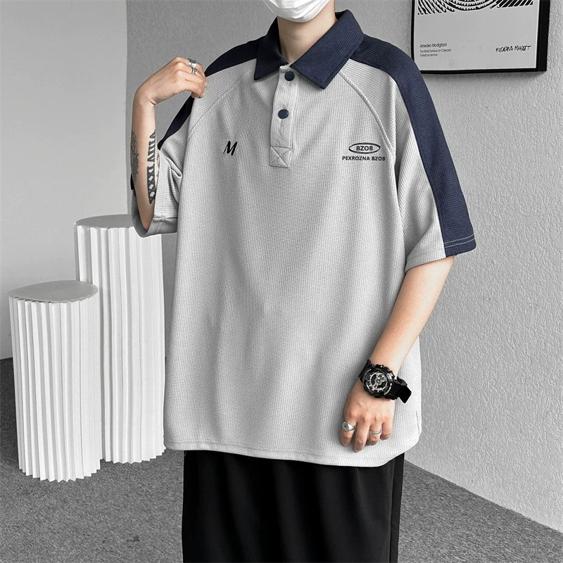 Áo polo waffle chất liệu dày dặn dành cho nam, áo thun tay ngắn phối màu thời trang phong cách Mỹ mùa hè, áo kiểu dáng rộng rãi đa năng tay lửng.
