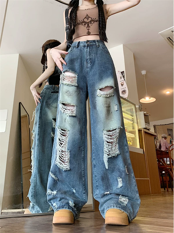 Quần jean rách phong cách retro Mỹ dành cho nam, kiểu dáng mùa hè mới, quần ống rộng dáng suông, thương hiệu thời thượng, phong cách đường phố cá tính, quần dài chạm đất.