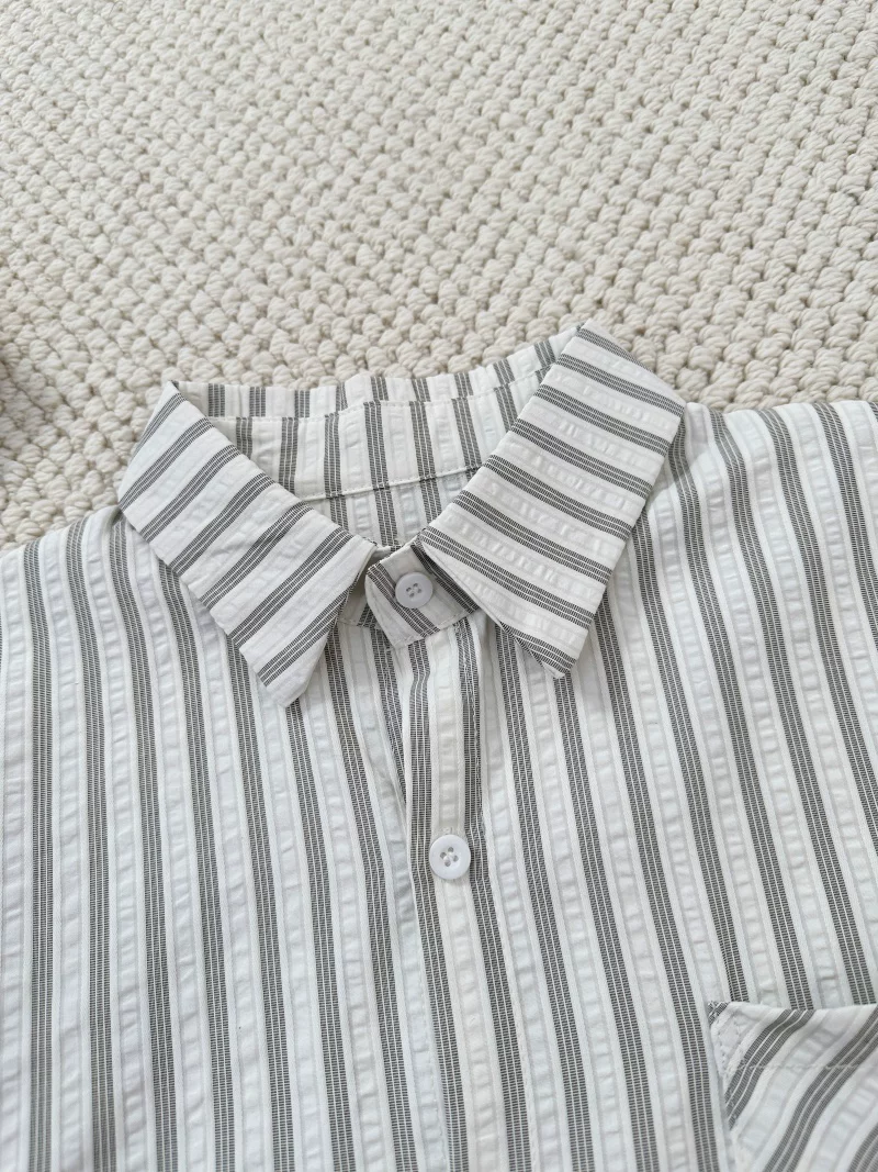 Áo sơ mi ngắn tay sọc kiểu Nhật dành cho nam và nữ, áo đa năng cổ bẻ mùa hè, áo khoác sơ mi cao cấp dáng rộng thương hiệu thời thượng.