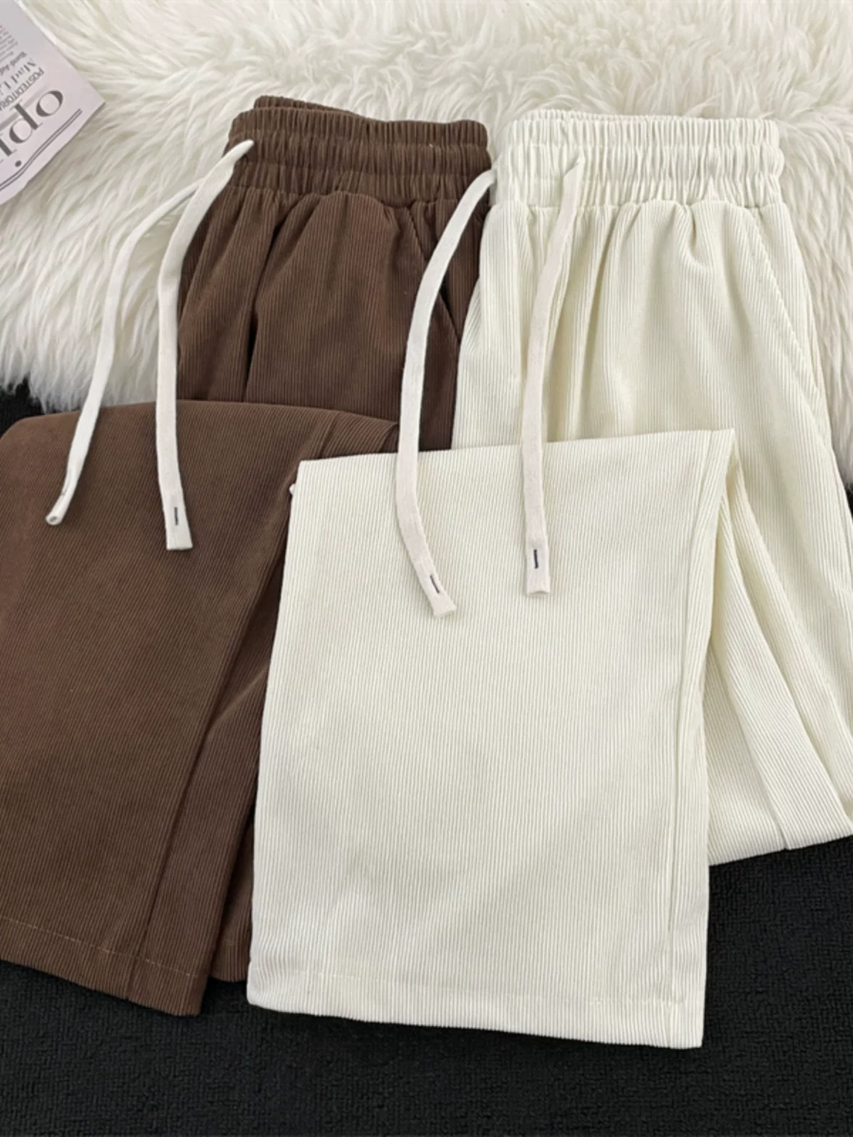 Quần nhung kẻ sọc nam có hiệu ứng xếp ly, quần thể thao ống rộng dáng thẳng, thời trang thu đông, có dây rút, đa năng, dành cho cặp đôi.