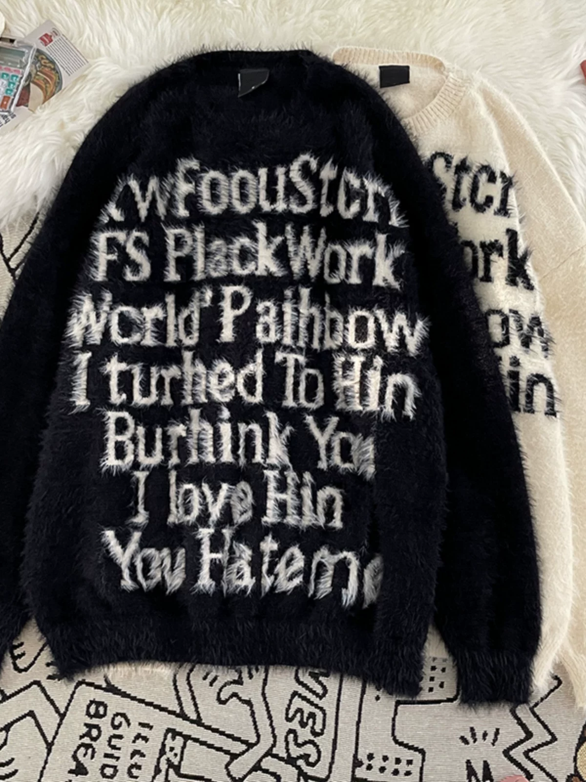 Áo len cặp đôi in chữ, phong cách Mỹ, thời trang thu đông, kiểu dáng rộng rãi, chất liệu dệt kim, áo khoác len phong cách lười biếng dành cho nam