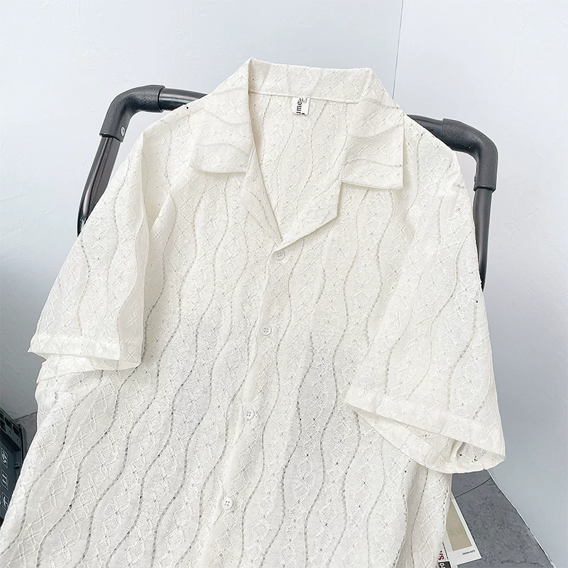 Áo sơ mi ngắn tay kiểu dáng lười biếng dành cho nam, áo sơ mi thiết kế khoét lỗ thời thượng, áo kiểu Hàn Quốc rộng rãi, mát mẻ và đẹp trai mùa hè