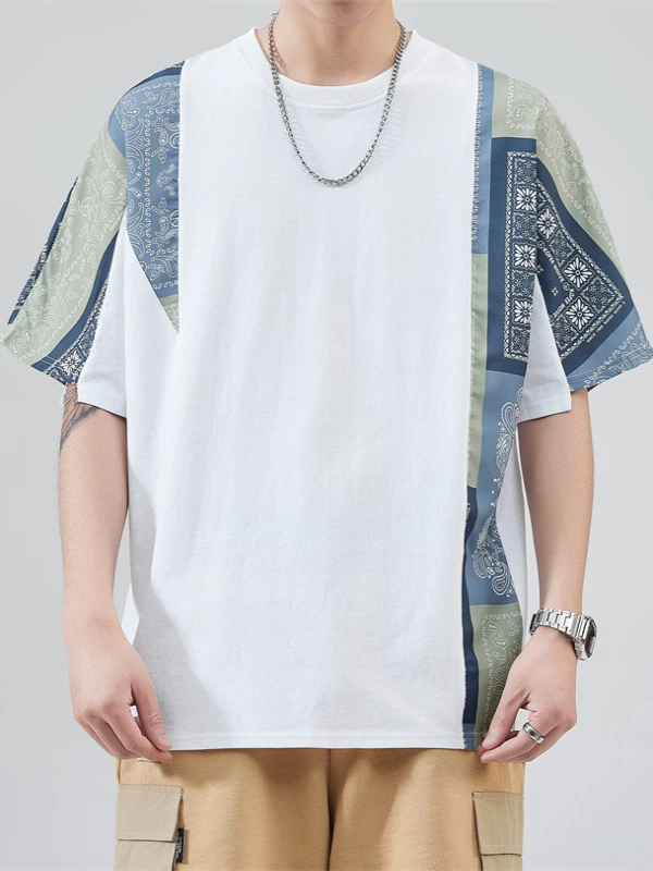 Áo thun nam tay ngắn phong cách dân tộc, kiểu dáng rộng rãi thời trang, phối họa tiết, chất liệu cotton nguyên chất, đa năng, mặc hè.