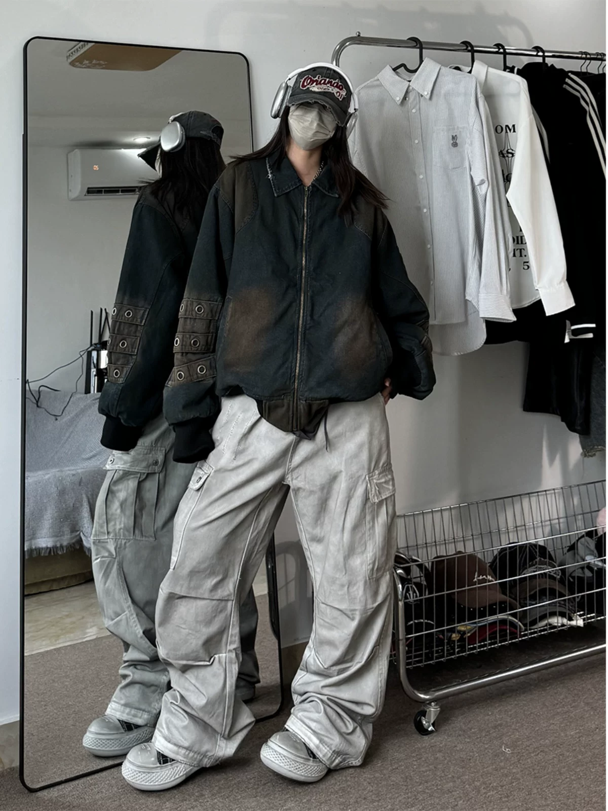 Áo khoác denim cotton đính đinh tán kiểu dáng ngắn dành cho nam và nữ, áo khoác lót bông dày mùa đông, phong cách Mỹ cổ điển, thời trang, quần áo cotton kiểu công nhân.