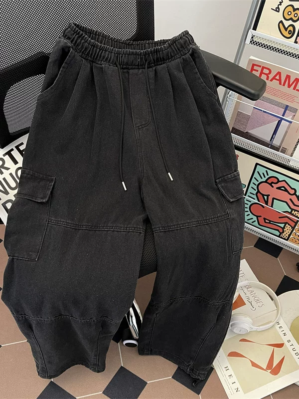 Quần jean công sở lưng thun cho nam, thương hiệu thời thượng của Mỹ, túi lớn, quần ống rộng, quần dài phong cách retro Nhật Bản.