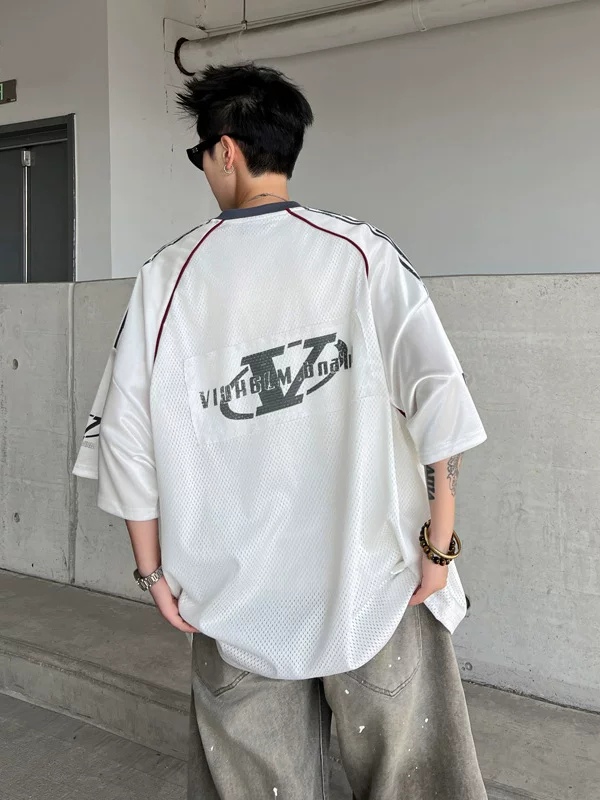 Áo thun thể thao in hình tay ngắn dành cho nam, áo nửa tay lưới thoáng khí mùa hè, quần áo lụa băng rộng rãi hợp thời trang của Mỹ