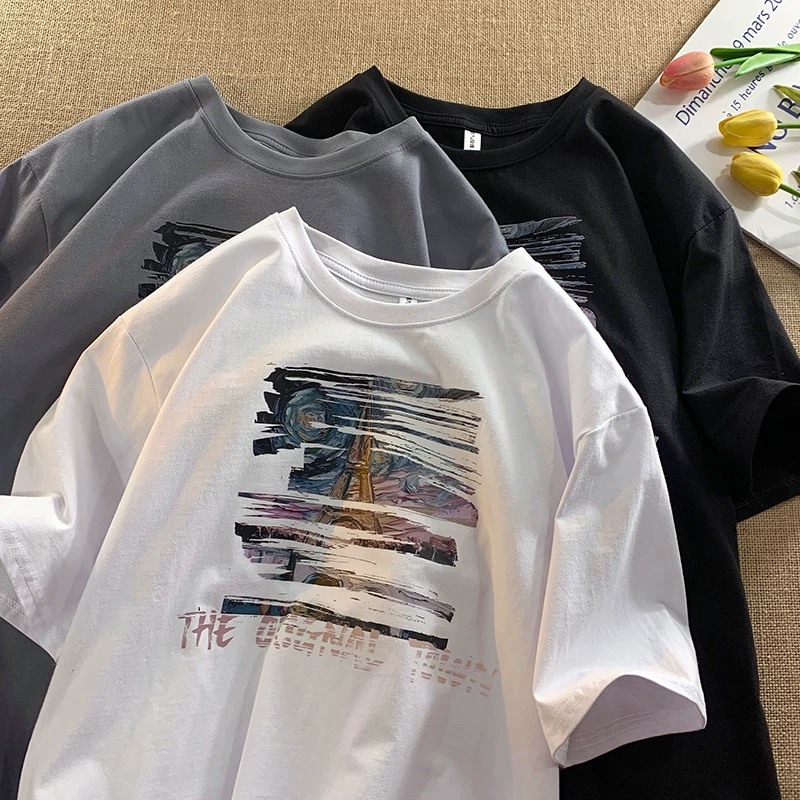 Áo thun in hình thương hiệu thời thượng dành cho nam, áo thun ngắn tay mùa hè dành cho cặp đôi, áo thun nửa tay dáng rộng phong cách Hồng Kông, áo cổ tròn đa năng thông thường