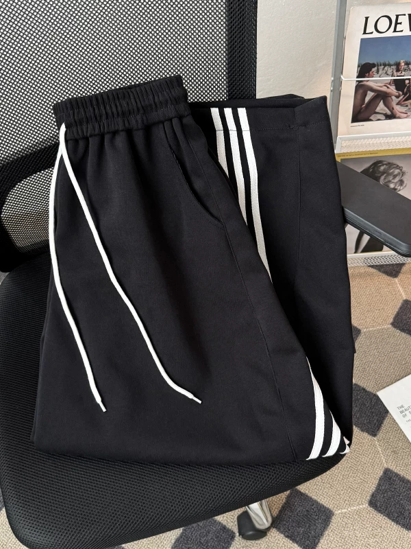 Quần ống rộng ba sọc unisex phong cách Mỹ cổ điển, chất liệu dày dặn, đa năng, thoải mái, quần thể thao mùa hè, quần dài mặc thường ngày