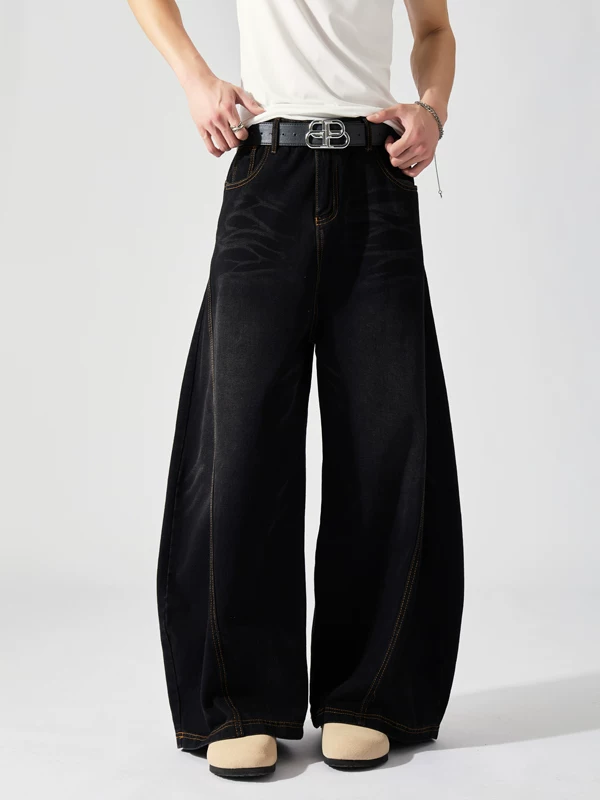 Quần jeans nam phong cách retro Mỹ cho mùa xuân hè, thương hiệu thời thượng, giặt mài và tạo hiệu ứng cũ kỹ, dáng rộng ống loe nhẹ, dài chạm đất.