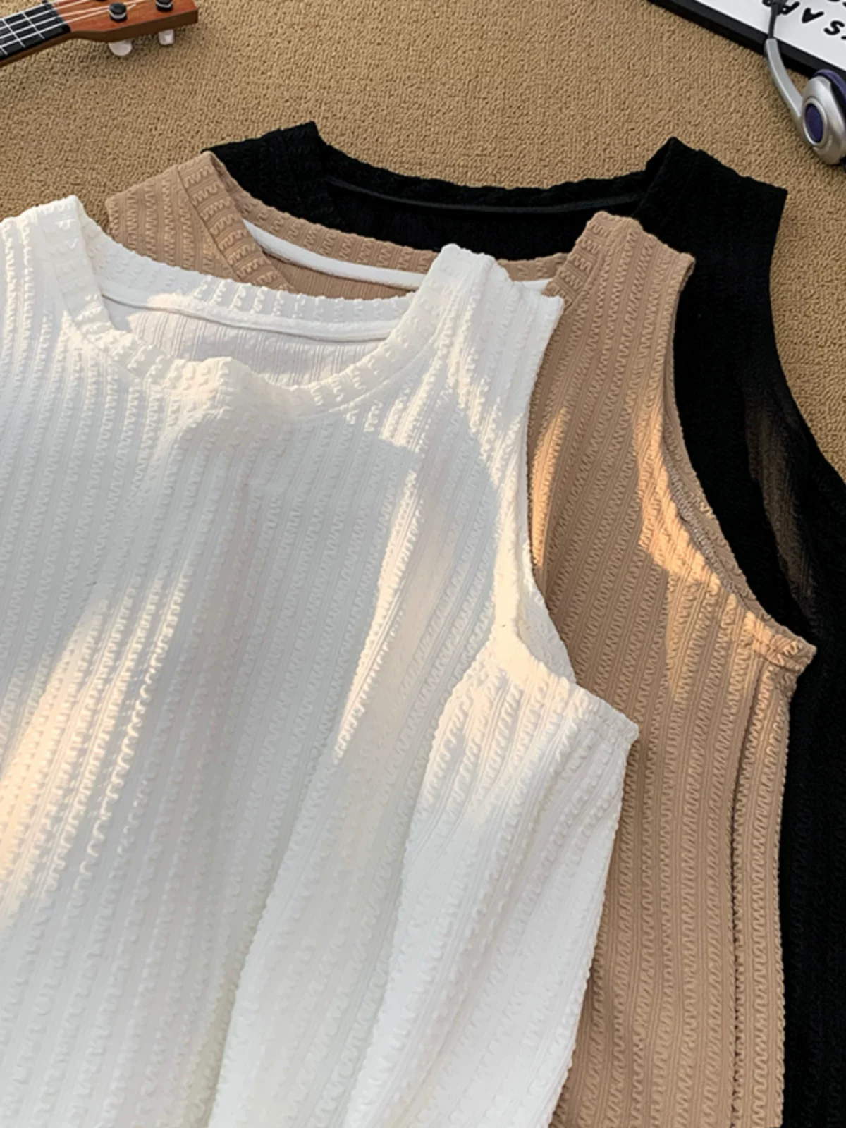 Áo vest lụa băng có họa tiết dành cho nam, áo lót không tay rộng rãi, áo thun thể thao kiểu Mỹ thời trang mùa hè bền chắc.