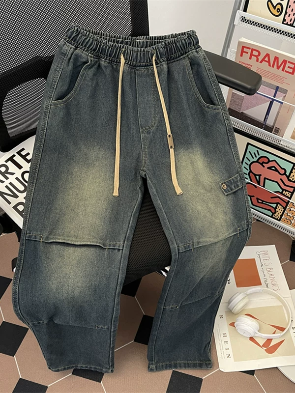 Quần jean thiết kế xếp ly kiểu Mỹ dành cho nam, kiểu dáng mỏng mùa hè, quần ống đứng rộng rãi, quần dài phong cách casual cá tính.