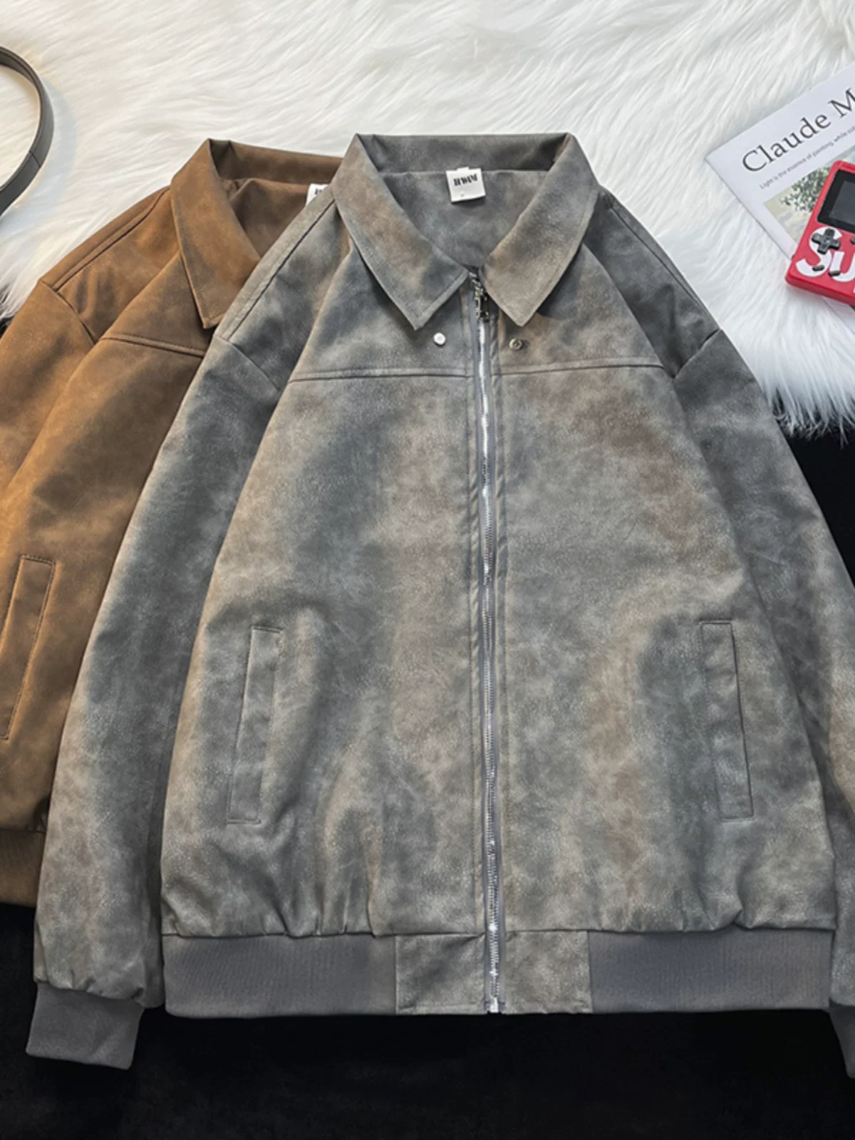 Áo khoác da PU phong cách retro Mỹ dành cho nam, dáng rộng, cổ lật, kiểu biker, áo khoác ngắn thời trang mùa xuân thu.