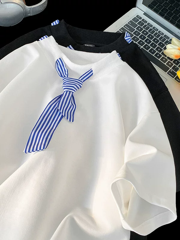 Áo thun ngắn tay sọc kiểu Nhật dành cho nam, áo thun cổ tròn dáng rộng hợp thời trang mùa hè kiểu Mỹ.