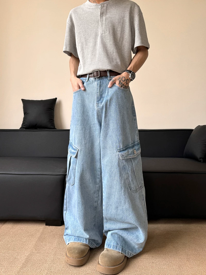 Quần jean ống rộng mỏng mùa hè dành cho nam, có túi lớn, quần công sở ống rộng, quần dài chạm sàn phong cách Mỹ thời thượng dành cho cặp đôi.