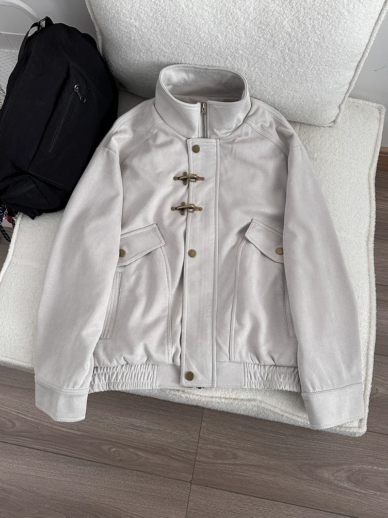 Áo khoác cổ đứng phong cách retro Mỹ dành cho nam và nữ, áo khoác ngoài dáng rộng mùa xuân thu, thương hiệu thời thượng với thiết kế khóa hình máy bay.