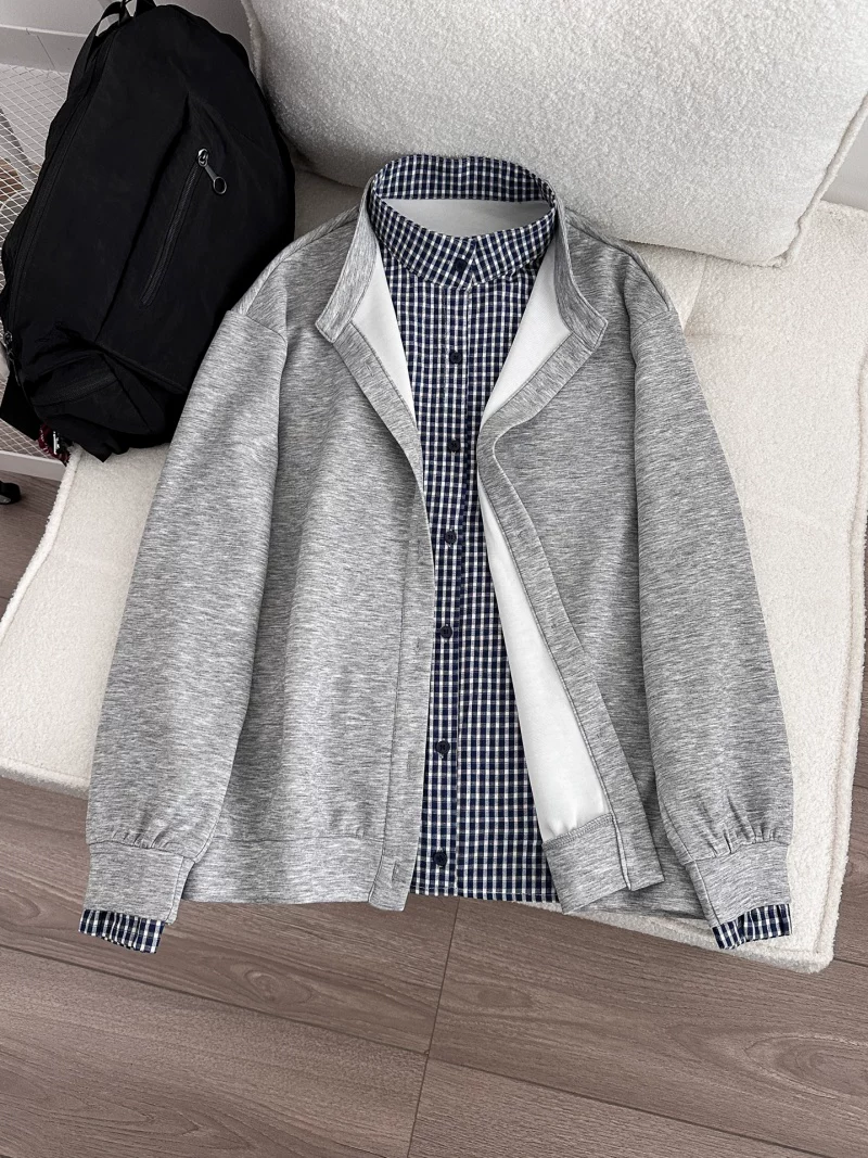 Áo khoác giả hai mảnh phong cách Mỹ dành cho nam và nữ, áo cardigan chắp vá kẻ sọc xuân thu, áo cao cấp dáng rộng hợp thời trang.