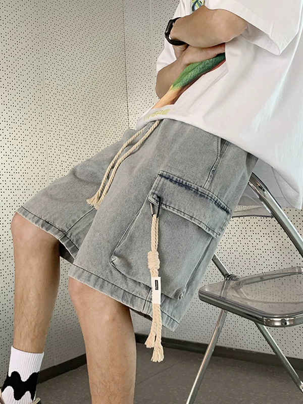 Quần short denim kiểu Mỹ dành cho nam, quần dài vừa phải ống đứng đa năng mùa hè, dáng rộng, quần short năm điểm phong cách retro hợp thời trang.