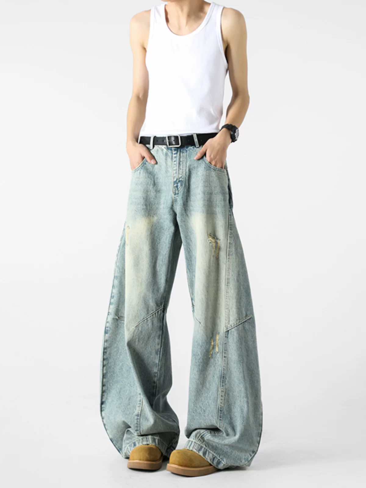 Quần jean nam dáng ôm, thiết kế cong, mùa xuân thu, quần dài ống rộng phong cách Mỹ, kiểu dáng thời trang, giặt mài và tạo hiệu ứng cũ kỹ.