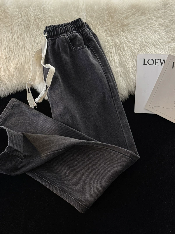 Quần jean dây rút xuân thu cho nam, phong cách thời thượng, lưng thun, quần ống đứng, phong cách Nhật Bản và Mỹ, quần dài ống rộng dáng rộng.