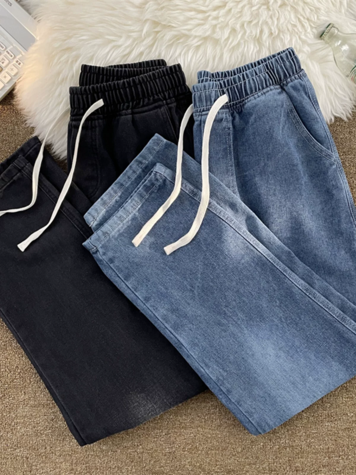 Quần ống rộng lưng thun co giãn hợp thời trang thương hiệu ins quần jean nam xuân hè phong cách Mỹ quần ống rộng rộng rãi đa năng