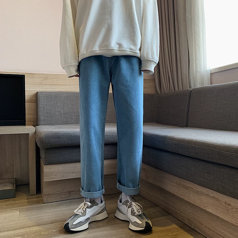 Quần jean ống đứng phong cách Harajuku mùa xuân thu dành cho nam, quần dài xếp ly thời trang Hàn Quốc, quần ống rộng dáng rộng đa năng hợp thời trang.