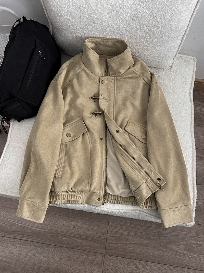 Áo khoác cổ đứng phong cách retro Mỹ dành cho nam và nữ, áo khoác ngoài dáng rộng mùa xuân thu, thương hiệu thời thượng với thiết kế khóa hình máy bay.