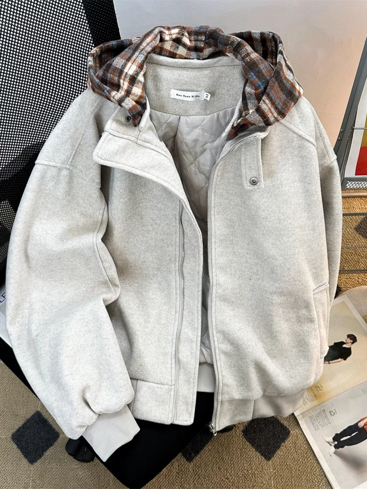 Áo khoác cotton có mũ trùm đầu kẻ sọc giả hai mảnh dành cho nam, áo khoác cotton dày phong cách Mỹ mùa thu đông, áo khoác len mát mẻ thương hiệu thời thượng.