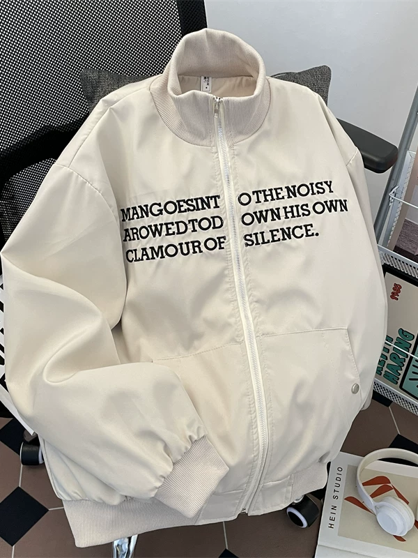 Áo khoác thêu chữ cái đôi, áo khoác bóng chày cổ đứng dáng rộng mùa xuân thu, áo khoác nam kiểu Mỹ thời trang, phong cách cleanfit.