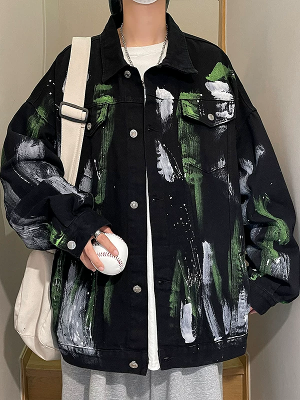 Áo khoác denim tie-dye phong cách graffiti dành cho nam, áo khoác thời trang xuân thu, áo khoác kiểu Hồng Kông BF rộng rãi, phong cách đường phố retro, áo khoác công sở.