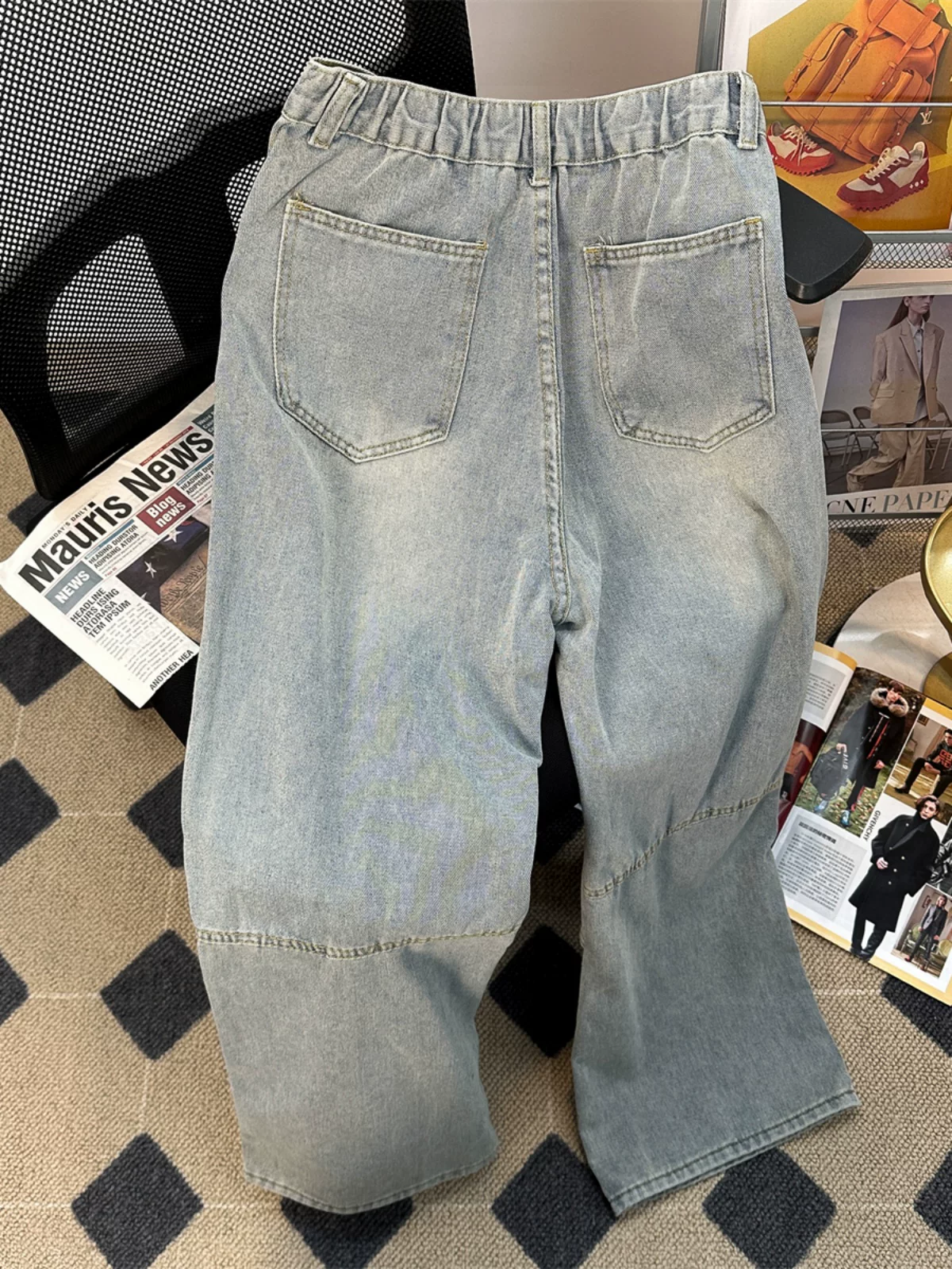 Quần jeans thiết kế thời trang nam, quần bố kiểu Mỹ phối vải chắp vá, quần ống rộng dáng suông xu hướng xuân thu.