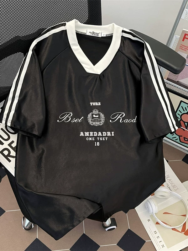 Áo thun ngắn tay bóng bẩy dành cho nam, áo thun thể thao cổ chữ V nửa tay phong cách retro Mỹ mùa hè, áo thun tay lửng nhanh khô thời trang thương hiệu hot