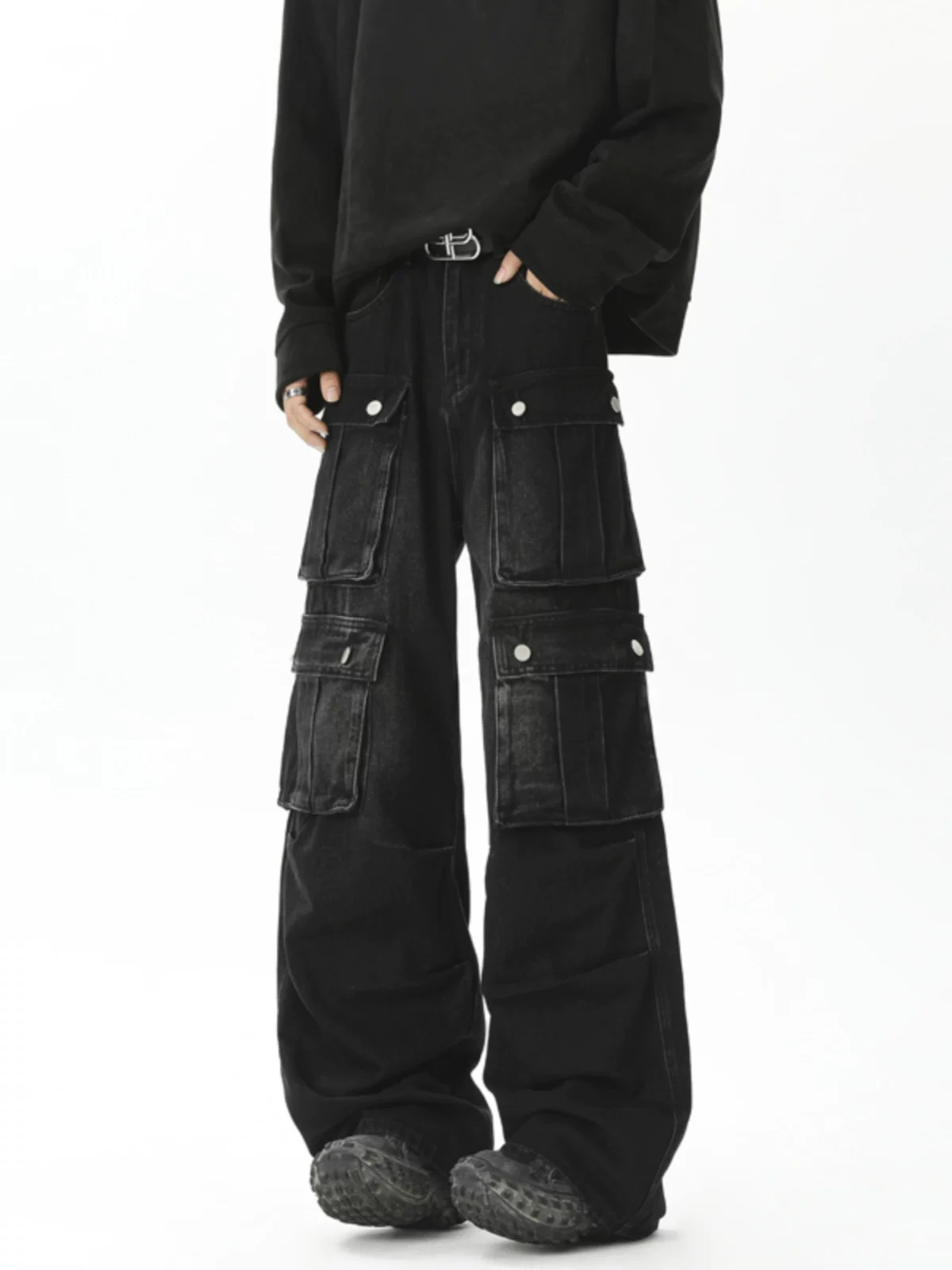 Quần jean nam nhiều túi, kiểu dáng vintage Mỹ thời thượng, quần ống rộng thoải mái cho mùa xuân và mùa thu.