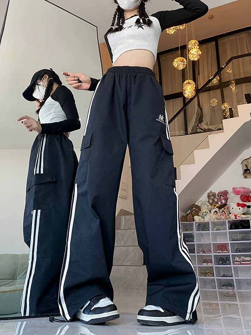 Quần cargo ống rộng sọc ngang phong cách Mỹ, quần đôi unisex thời trang đường phố, quần ống đứng dài chạm đất mùa hè, phong cách thường ngày