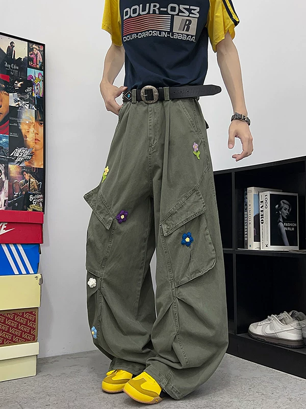 Quần jean nam thêu hoa có túi lớn, quần lính dù ống đứng phong cách retro Mỹ, quần công sở ống rộng thời thượng, quần thường ngày.