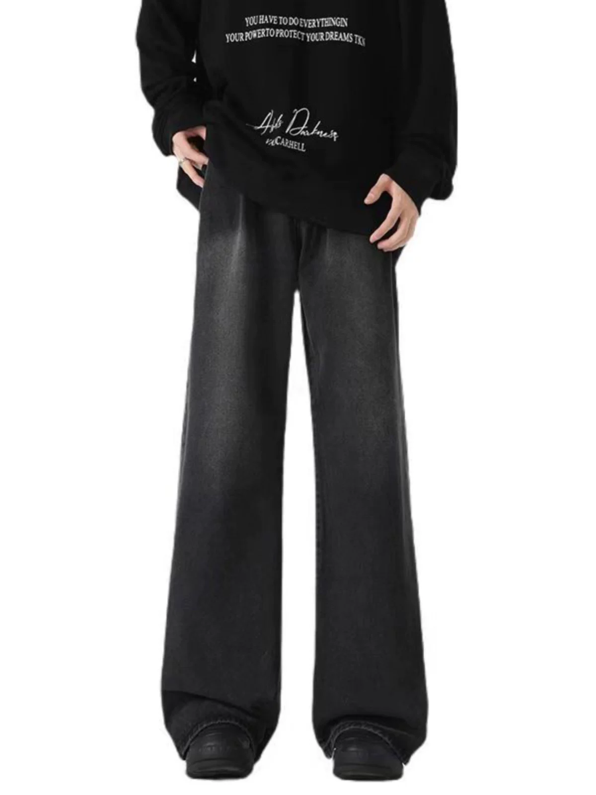 Quần jeans hip-hop thời thượng mùa hè dành cho nam, phong cách đường phố Mỹ cổ điển, quần ống rộng xòe dài chạm đất, chất liệu washed.