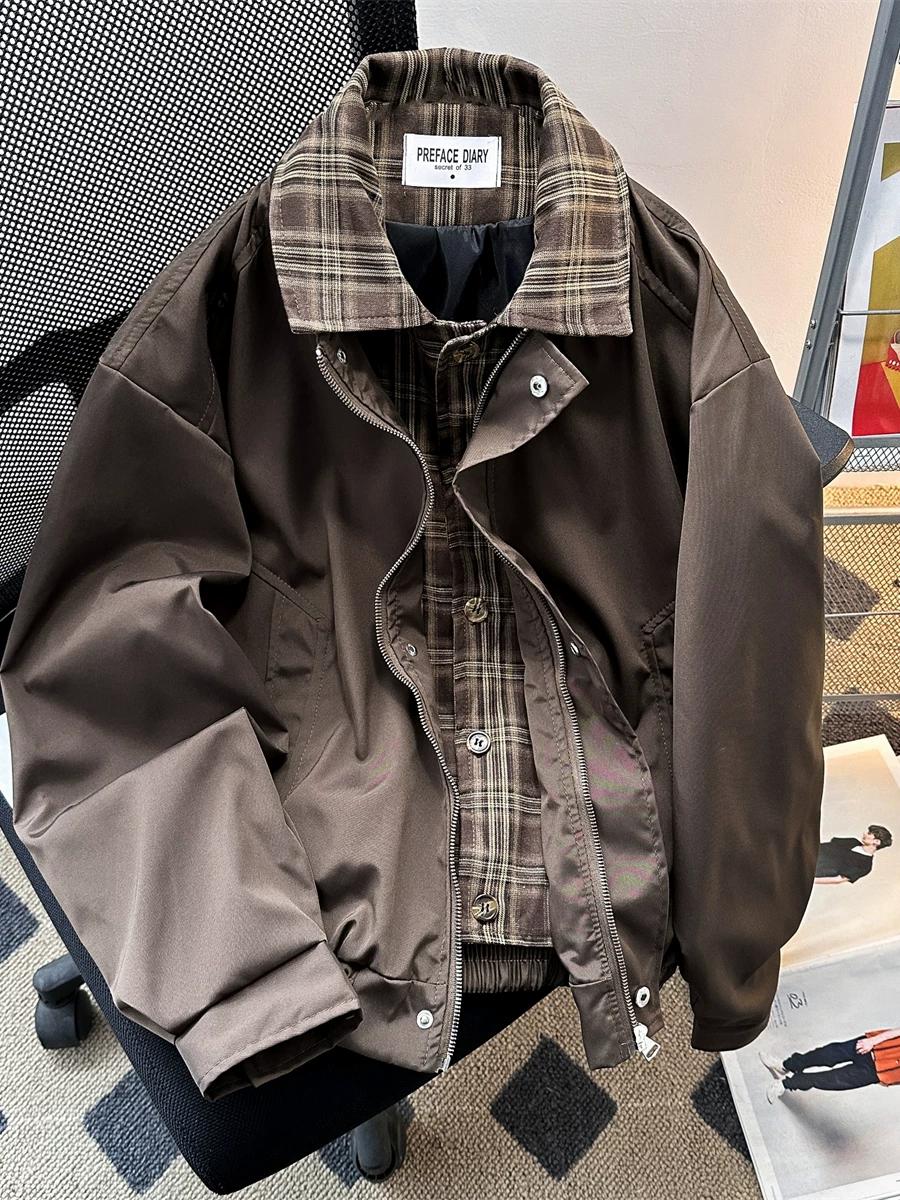 Áo khoác retro Mỹ dành cho nam, áo khoác bóng chày giả hai mảnh phong cách cổ điển hợp thời trang, thiết kế xuân thu, dáng rộng.